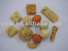 Rice crackers and coated peanuts mixed