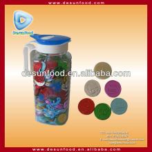 Gold coin bubble gum in water bottle