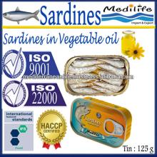 Sardines in Vegetable Oil, Sardines in Vegetable Oil canned, 100% High Quality of Fish, 125 g Tin