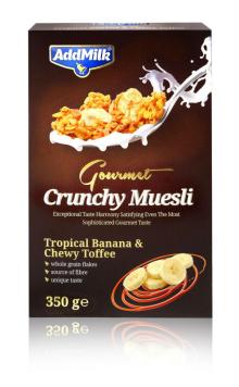 AddMilk - Gourmet Crunchy Muesli, Crunchy Muesli with Tropical Banana and Chewy Toffee, 350 gr.