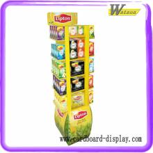 Promotion cardboard display stands for packets of instant coffee, tea, spices, and marshmallows.