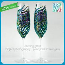 Peacock Feather Wedding Flutes Set of 2 Personalized Hand Painted glass champagne flute