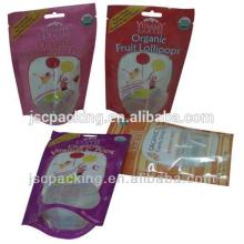 Clear window plastic lollipop packing bag with zip lock and tear notch/lollipop bag