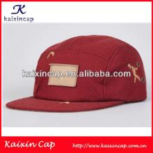 Red Wine Color 5-Panel Camp Cap Custom Leather Patch With Flat Brim Hat