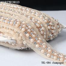 2014 hot selling champagne pearl rhinestone beaded trimming for dresses(YKL-084 champagne)