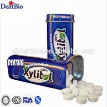 xylitol Peppermint mints candy packaged in tin can in steel bottle