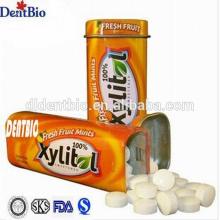 xylitol Fresh fruit mints candy packaged in tin can in steel bottle