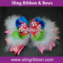 Lollipop Printed Ribbon White Feather Hair Clips