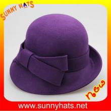 Elegant 100% wool round top felt hats for winter with stripe trim